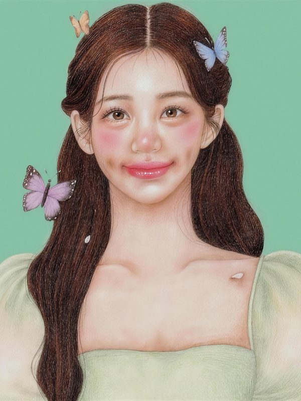 머리에 나비를 단 여성을 민트색 배경에 그린 색연필 인물화.